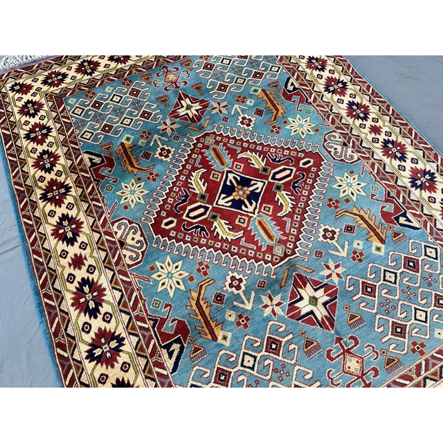 2000 - 2009 Hand-Knotted Blue and Red Afghan Medallion Wool Area Rug, 6'9" X 5'0 For Sale - Image 5 of 12
