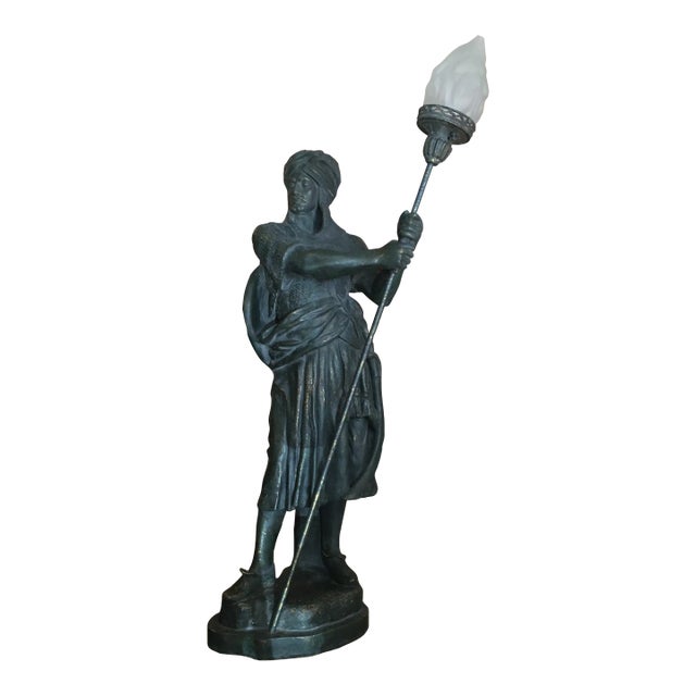 Metal Standing Warrior Lamp With Frosted Glass Torch For Sale