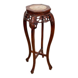 Vintage Chinese Rosewood Marble Top Carved Plant Stand Table For Sale