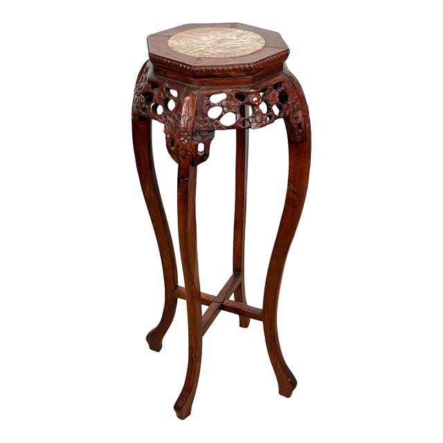 Vintage Chinese Rosewood Marble Top Carved Plant Stand Table For Sale