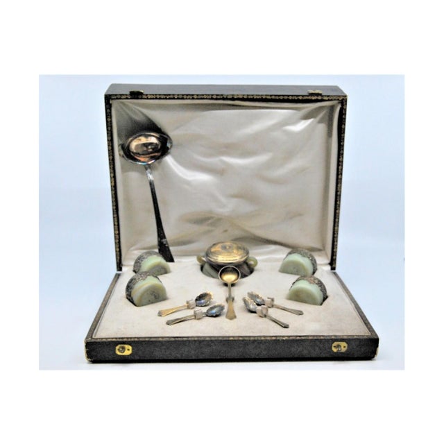 Silver Salt and Pepper Shakers with Glass Cores and Spoons, Set of 11, in Good conditions.