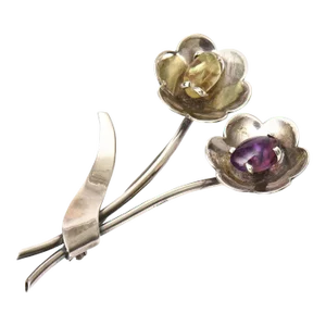 Vintage Sterling Silver, Amethyst, Citrine Flower Pin Brooch Hallmarked