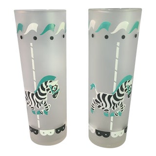 Vintage Pair of Libby Carousel Animal Zebra Frosted Highball Tumblers Glasses For Sale