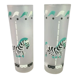 Vintage Pair of Libby Carousel Animal Zebra Frosted Highball Tumblers Glasses
