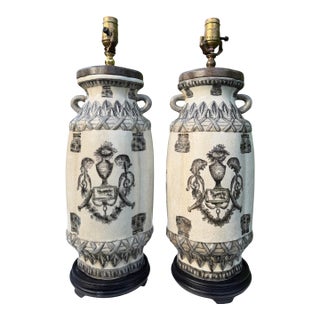 Vintage Oversized Crackle Glaze Art Pottery Urn Lamps, Pair For Sale