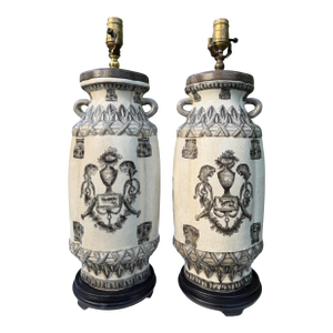 Vintage Oversized Crackle Glaze Art Pottery Urn Lamps, Pair