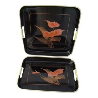 Mid-Century Japanese Black Lacquerware Anthurium Floral Trays, a Pair For Sale