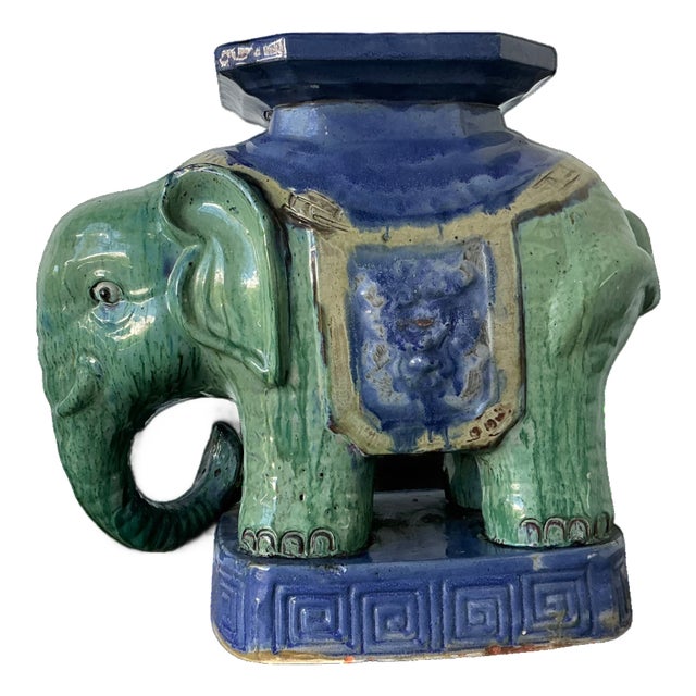 Vintage Glazed Ceramic Elephant Low Stool For Sale