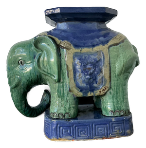 Vintage Glazed Ceramic Elephant Low Stool