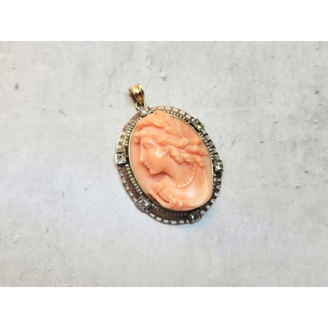 Pink Antique Carved Coral Gold Cameo With Pearl and Diamonds For Sale - Image 8 of 9