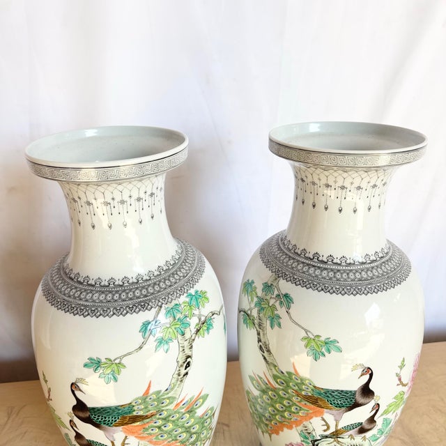 Vintage Chinese Hand Painted Porcelain Vases - A Pair For Sale - Image 9 of 9