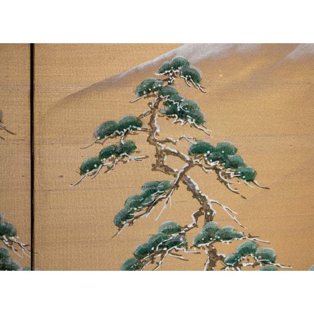 1960s Shōwa Era Japanese Silk Byobu Screen "Mountain Landscape With Pine Trees" For Sale - Image 9 of 18