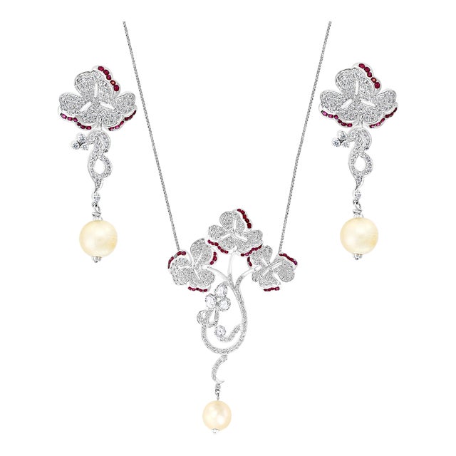 Pearl Ruby and Diamond Necklace and Earrings 18 Karat White Gold, Suite, Estate For Sale