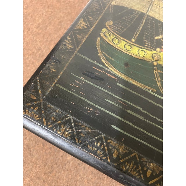 Early 20th Century Chinoiserie Black Hand-Painted, Trestle Coffee Table For Sale - Image 11 of 12