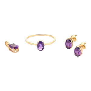 18k Gold Amethyst Jewelry Set Pendant, Ring Size 7 and Stud Earrings - 4 Pieces