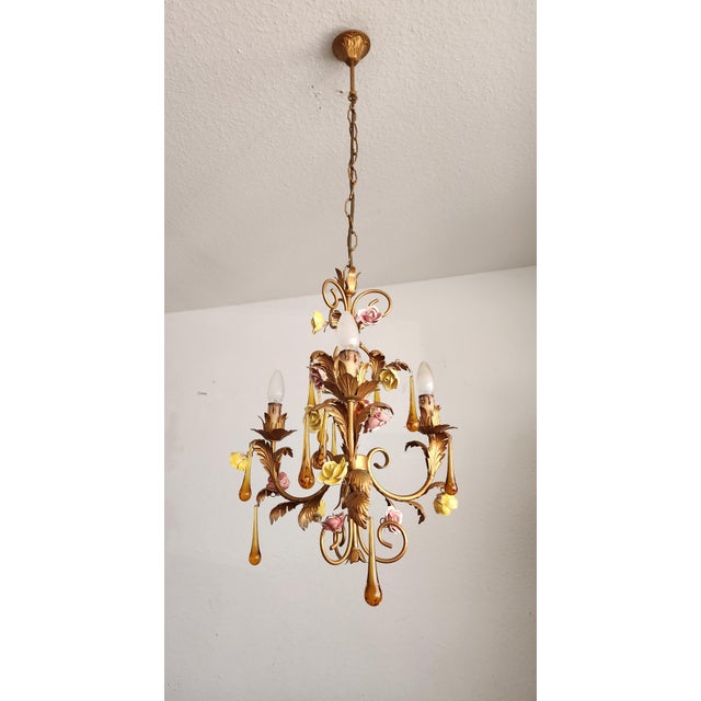 Vintage Venetian Three-Light Chandelier with Murano Glass Drops, 1960s For Sale - Image 15 of 18