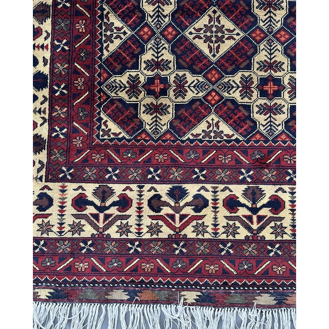 Afghan Turkmen Hand-Knotted Wool Rug, Ivory Star Lattice, 9'10" X 6'8" For Sale - Image 4 of 14