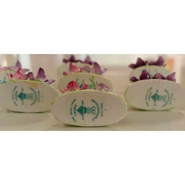 Early 20th Century Crown Staffordshire Hand Painted Bone China Flower Place Card Holders - Set of 8 For Sale In Palm Springs - Image 6 of 9