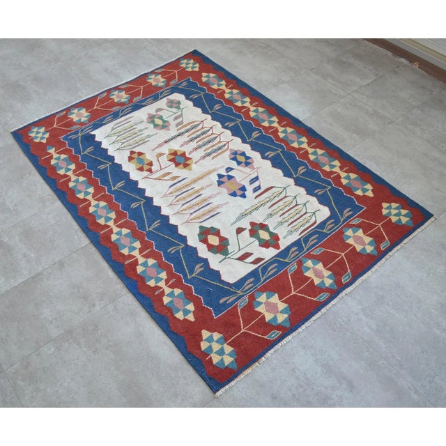 1980s Hand Woven Oushak Kilim Flat Weave Wool Area Rug For Sale - Image 4 of 12