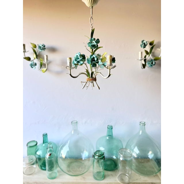 Italian Hand-Painted Tole Floral Chandelier with Matching Wall Sconces, 1960s, Set of 3 For Sale - Image 9 of 18