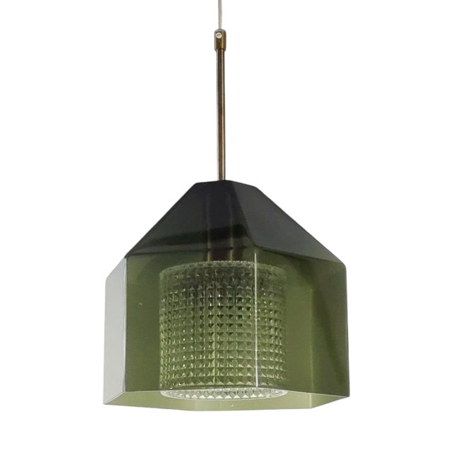 Mid-Century Modern Scandinavian Glass and Brass Pendant Light by Carl Fagerlund for Orrefors, Sweden, 1960s For Sale