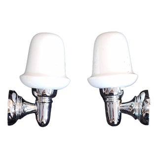 Vintage Wall Lamps with Chrome-Plated Brackets and Opaque White Glass Shades from Hillebrand-Leuchten, 1980s, Set of 2 For Sale
