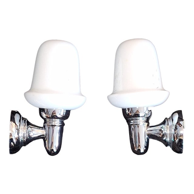 Vintage Wall Lamps with Chrome-Plated Brackets and Opaque White Glass Shades from Hillebrand-Leuchten, 1980s, Set of 2 For Sale
