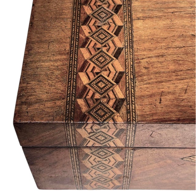 Wood 19th Century Antique English Tunbridge Writing Box W/Key For Sale - Image 7 of 17