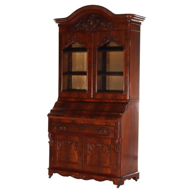 Traditional Antique Neoclassical Renaissance Revival Flame Mahogany Drop Front Secretary For Sale - Image 3 of 14