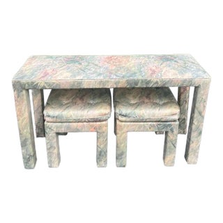 Mid-Century Modern Parsons Console Table With Upholstered Ottomans For Sale