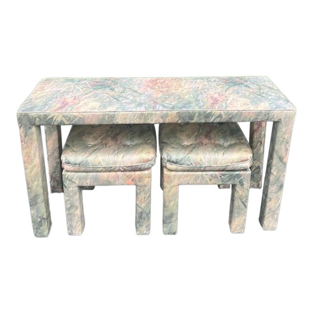 Mid-Century Modern Parsons Console Table With Upholstered Ottomans For Sale