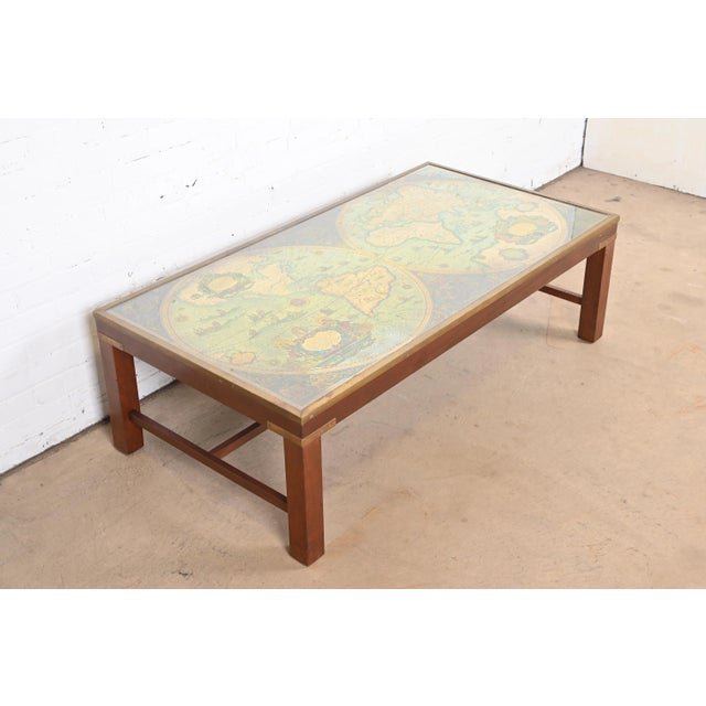 Labarge Campaign Mahogany and Brass Mounted Coffee Table With Old World Map Top For Sale In South Bend - Image 6 of 13