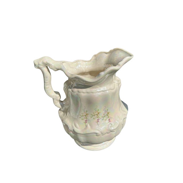 Vintage Victorian Style Iridescent Luster Glazed White Ceramic Pitcher and Basin - A Set For Sale - Image 10 of 12
