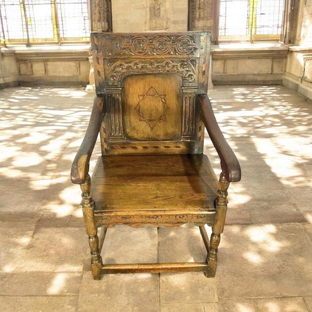 Antique, 17th century, Dutch carved oak armchair featuring inlay "Star of David." Description: Carved oak armchair with...