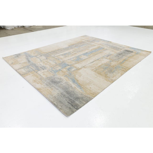 Abstract Ethereal Modern Rug – Hand-Loom Wool & Nylon Blend in Sand and Blue For Sale - Image 9 of 10