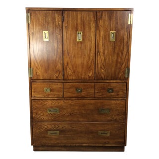 Vintage Campaign Style Armoire With Five Drawers For Sale