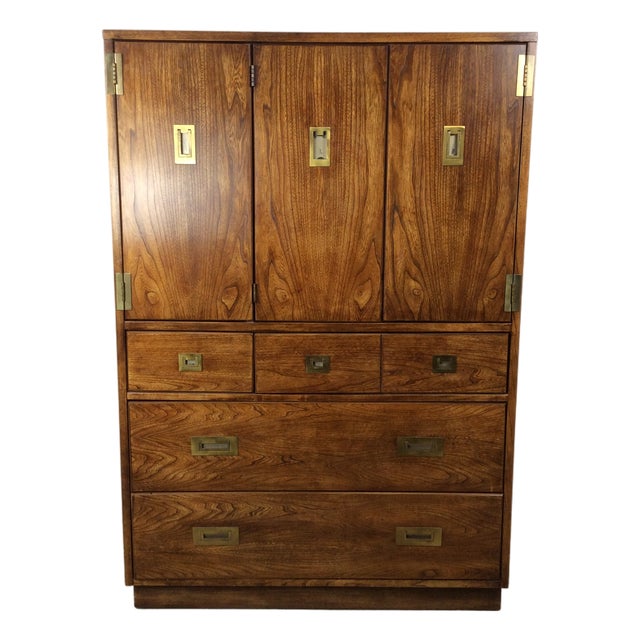 Vintage Campaign Style Armoire With Five Drawers For Sale
