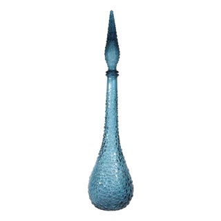 Vintage Empoli Genie Teal Blue Dimpled Bottle With Stopper Made in Italy C. 1960's For Sale