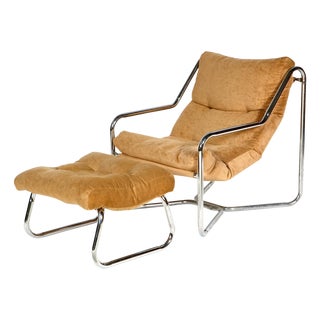 1970s Chrome Lounge Chair & Ottoman Set For Sale