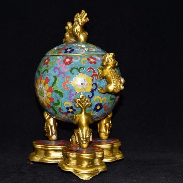 Chinese Vintage Cloisonne Enamel Globe Censer - Double-Handle Tripod Incense Burner For Sale - Image 3 of 9
