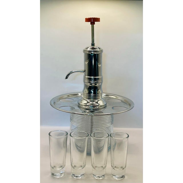 1950’s Chrome & Glass Drinks Dispenser Pump With Four Clear Glasses For Sale - Image 11 of 12