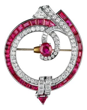 1930s Art Deco No Heat Burma Ruby and Diamond Brooch