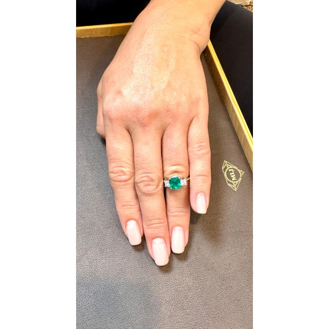 3.58 Carat Cushion Cut Colombian Emerald & 0.8 Ct Diamond Ring in 18K White Gold For Sale - Image 11 of 18