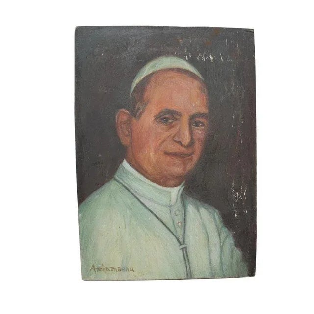 Wood Small Vintage French Oil Portrait Painting on Wood of Catholic Pope Paul VI France For Sale - Image 7 of 7