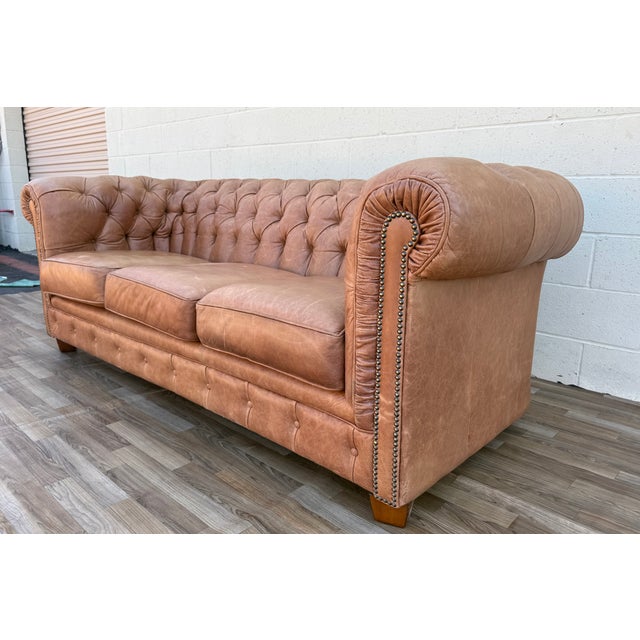 Vintage Distressed Leather Chesterfield Sofa | Made in Canada | Camel Brown | Circa 1990s For Sale - Image 13 of 18