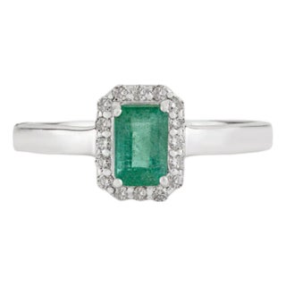 Modern Inspired 0.56 Carat Emerald Diamond Halo Statement Ring, Size 6.5 For Sale