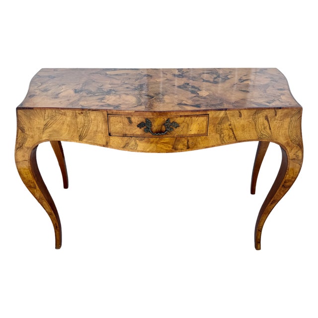 1970's Italian Regency Olive Burl Wood Writing Desk/Console Table For Sale