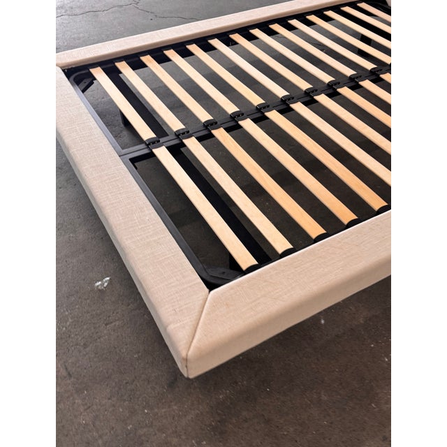 Textile Queen Size Modern Floating Linen-Wrapped Platform Bed Frame For Sale - Image 7 of 12