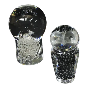 Set of Two 1970s Kosta Boda Crystal Paperweights Mushroom & Owl by Lindstrand, Warff