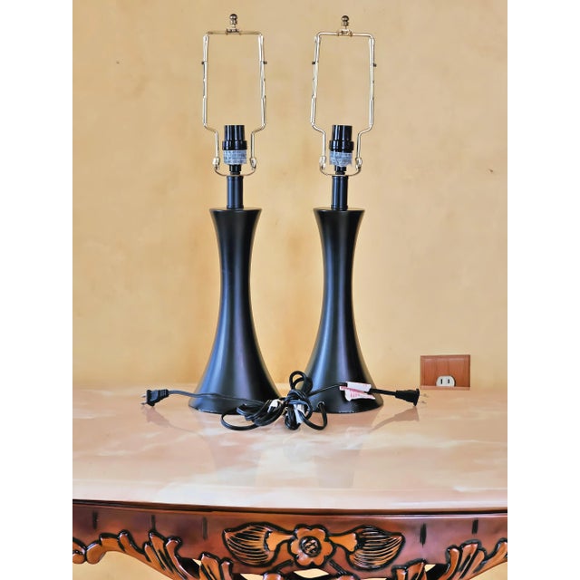 Art Deco Black Table Lamps With Black Ribbed Shades With Gold Foil Lining by Intertek, a Pair For Sale - Image 4 of 12